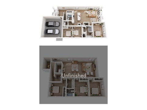 A floor plan of an unfinished apartment with a kitchen, living room, and bedrooms.